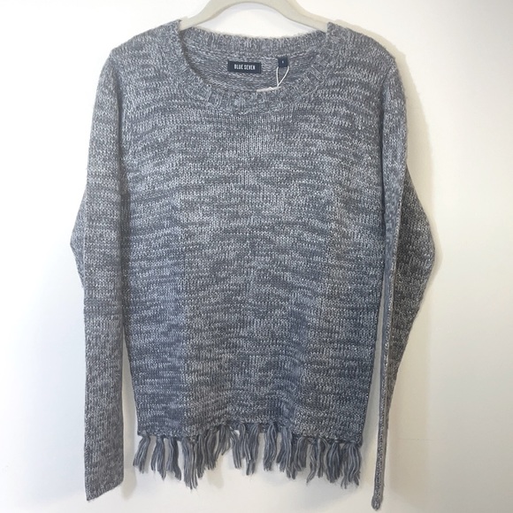 Women’s Crewneck Knit-Sweater, Fringed seam, long sleeve, Small, Blue Seven - Picture 1 of 15